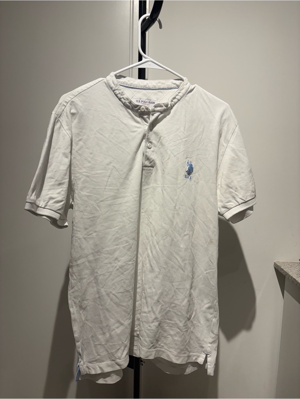 U.S. Polo Assn. White Short-Sleeve Henley Polo with Blue Pony Emblem